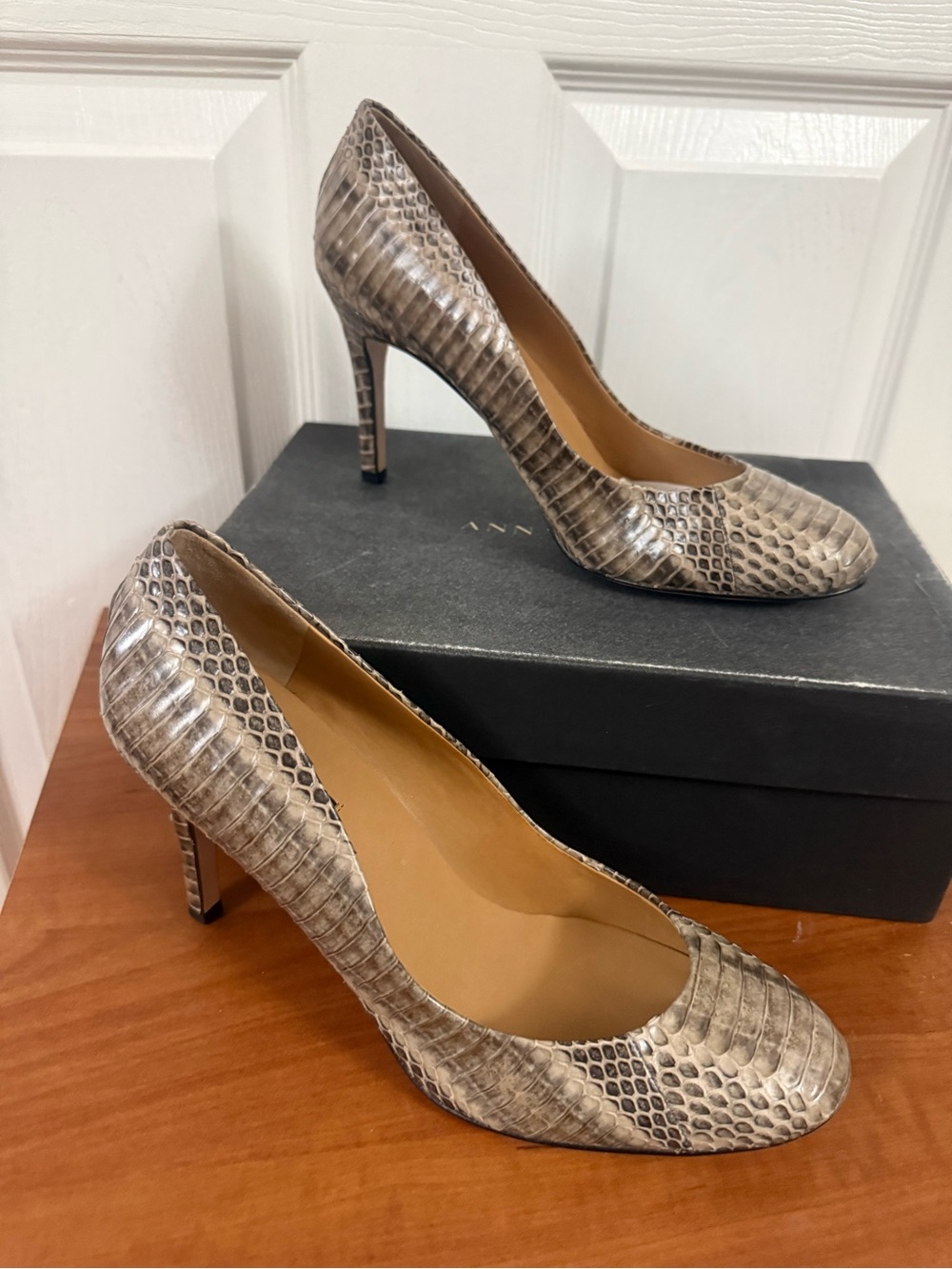 Ann Taylor Snake-Print Heels in Taupe and Beige